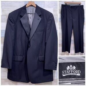 Stafford 100% Wool Notch Collar Tuxedo Suit Black Mens 44L 40x30 Pleated Pants